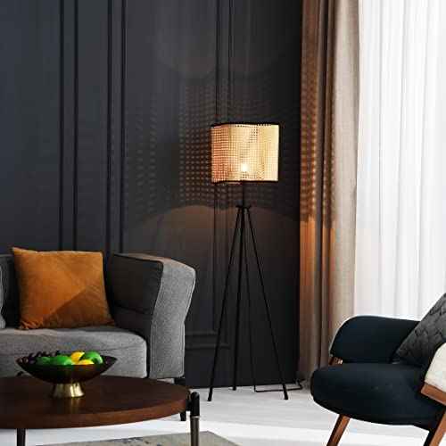 Gal - Mid Century Bohemian Tripod Floor with PVC Rattan Shade and Boho Velvet Rim for Bed Dining, Kitchen, Living Room, Beige