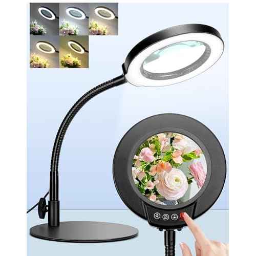 Magnifying Glass with Light and Stand, Hands Free Magnifying Lamp, 5 Color Modes 10 Dimmable Brightness, Metal Base Desk Magnifier Lamp for DIY Craft Reading Painting Sewing Hobby Detail Work