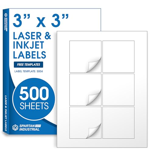 3" X 3" Square Printable Labels Compatible with Inkjet and Laser Printers - 500 Sheets, 5000 Matte White Paper Stickers for QR Codes, Barcodes, and Product Labeling - Spartan Industrial Template S004