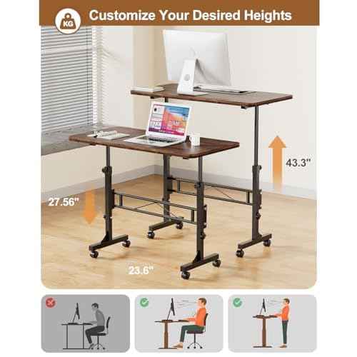 Small Standing Desk Adjustable Height, Mobile Stand Up Desk with Wheels, 32 Inch Portable Rolling Desks for Walking Pad Treadmill Wood Rustic