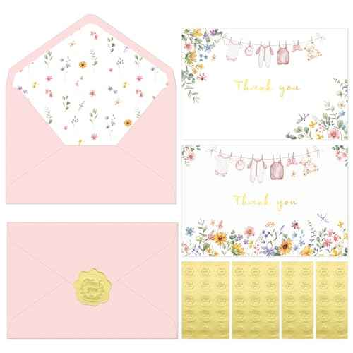 50 Pack Pink Baby Shower Thank You Cards with Envelopes and Stickers for Girl, Thank You Notes with Envelopes Set Bulk, Blank Greeting Cards for Birthday Baby Shower Party