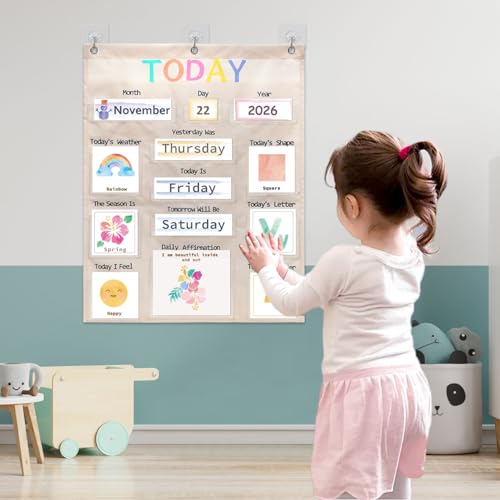 HarvMax Beige Pastel Daily Morning Calendar & Weather Pocket Chart for Toddlers & Preschool
