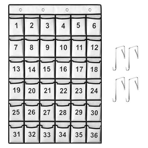 36 Pockets Numbered Classroom Pocket Chart for Cell Phones, Hanging Pocket Chart Storage for Classroom Phone Calculator Holder with 4 Stainless Steel Hooks (White-36pockets)