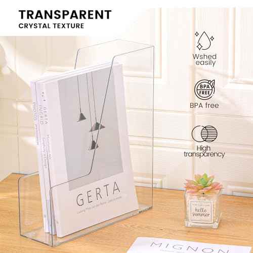 Vertical File Holder, Clear PET Desk Organizer and Storage Bins Holding for Magazines, Binders, Notebooks, Envelopes, Multi-purpose Plastic Document Organizer for Home Office, 4 pack