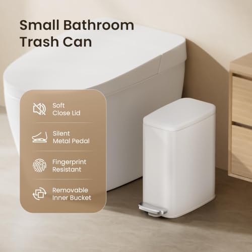 Cesun White Slim Bathroom Trash Can with Lid, Soft Close, 6L/1.6 Gallon