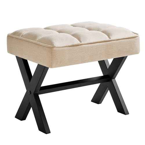 IBUYKE Small 12" H Footrest Stool, Square Linen Foot Stool with Metal X-Leg, Multi-Use as Small Side Table, Step Stool for Living Room, Bedroom, Entryway, Office, Linen WBD011Y