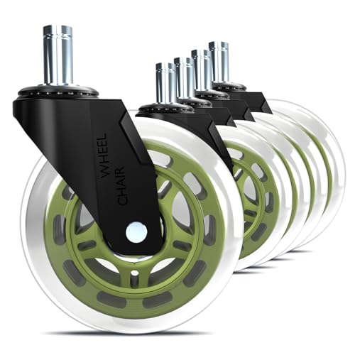 QXYJLCN Office Chair Wheels Replacement 3" Rubber Casters 7/16" Stem - Green, 5-Piece, Universal Fit