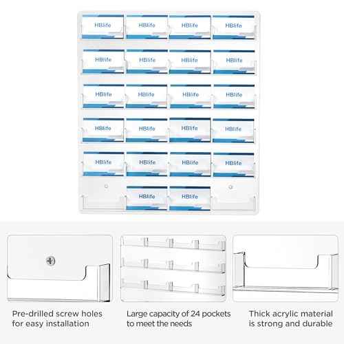 HBlife Clear Acrylic Business Card Holder Wall Mount Sticker Display Rack Multiple Cards Organizer for Gift Cards and Brochures, 24 Pockets(2 Pack)