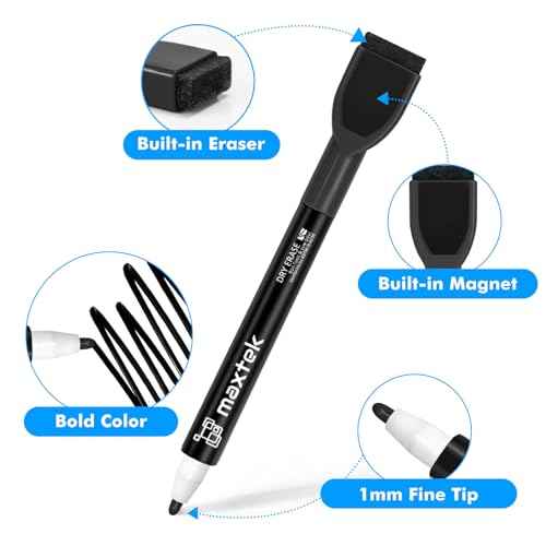 maxtek Magnetic Black Dry Erase Markers, 6 Count Fine Tip Whiteboard Markers with Eraser, Thin Markers Low Odor for Classroom, Office, Home