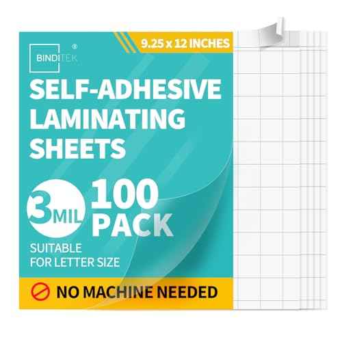 Binditek 100 Pack Self-Adhesive Laminating Sheets, 9.25 x 12 Inches Laminating Sheets for Letter Size, 3 Mil Thick, No Heat, No Machine Needed, Clear, Glossy Finish, School Office Supplies