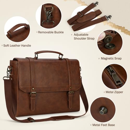 IGOLUMON Messenger Bag for Men 15.6 inch Vintage Leather Waterproof Laptop Briefcase Large Computer Laptop Bag Leather Satchel Bag Retro Shoulder Bag for Office Business Travel College, Brown