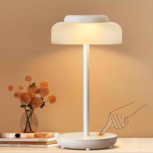QiMH Battery Operated LED Table Lamp, 5000mAh Rechargeable Cordless Lamp, Stepless Dimmable Touch Control, Small Waterproof Desk Night Light for Living Room, Bedroom, Outdoor Bar (White)