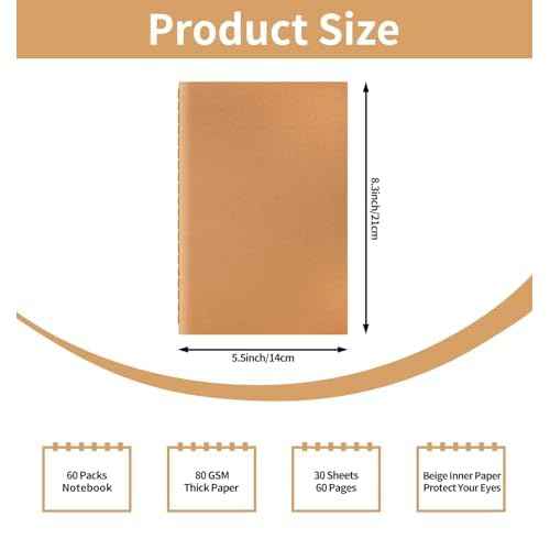 60 Pack A5 Ruled Lined Kraft Notebooks Bulk, Journaling Notebooks, A5 Lined College Ruled Notebook, 8.3x5.5 Inches 60 Pages Travel Journal Notebooks Set for Work, School, Student, Kids, Writing
