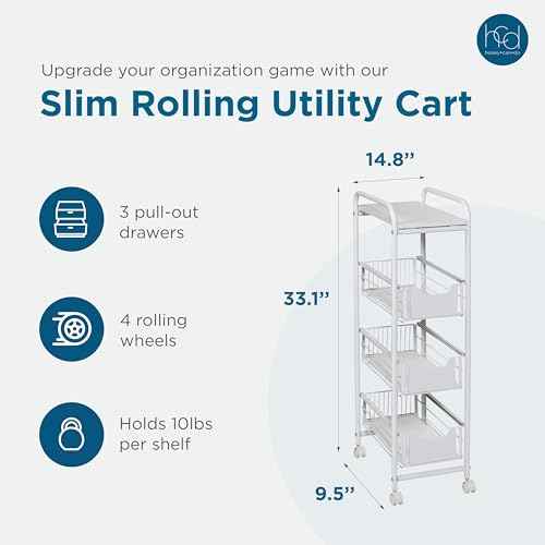 4-Tier Slim Rolling Metal Utility Cart with Drawers, White