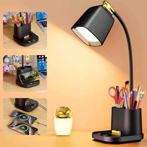 Desk Lamp with 2 USB Charging Ports, Desk Lamp for College Dorm Room Essentials for Girls,USB Charger Small Table Lamps with Pen Holder for Home Office,12 LED Light Modes Eye Caring for Kids,Guys,Nail