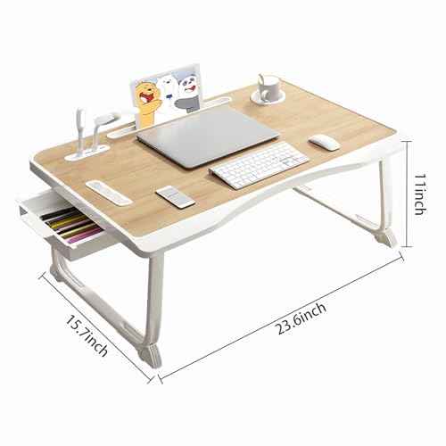 Laptop Desk for Bed, Laptop Bed Tray Table with Storage Drawer and Cup Holder, Laptop Bed Desk Tray with USB Charge Port, Foldable Bed Table for Writing Working Reading (Yellow)