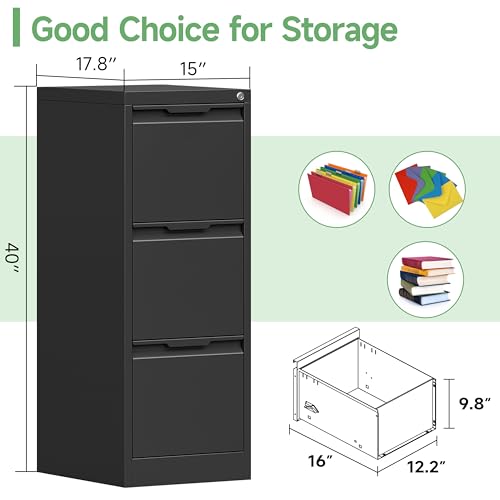 LONGLINK 3-Drawer Locking File Cabinet, 15W Black – Letter/Legal/A4 Filing