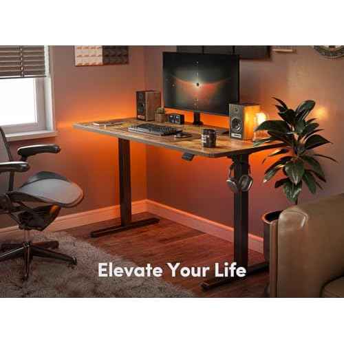 FEZIBO Standing Desk, 55 ¡¿ 24 Inches Electric Height Adjustable, Sit Stand Up Desk, Home Office Desk with Splice Board, Black Frame/Rustic Brown TOP