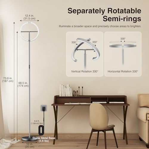 FIMEI Split Floor Lamp Modern LED Rotatable Floor Lamp, Eye-Protection Reading Standing Lamp with Stepless Dimming and 3000K-6000K Color, Separately Rotatable Design, Gray