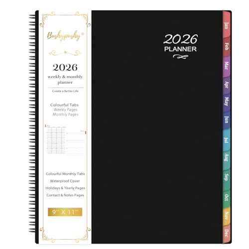2026 Planner - 2026 Planner Weekly and Monthly, 2026 Calendar Planner, JAN. 2026 - DEC. 2026,9" x 11", Weekly Monthly Planner 2026 with Colorful Tabs, Waterproof Cover, Twin-wire Binding, Back Pocket - Black