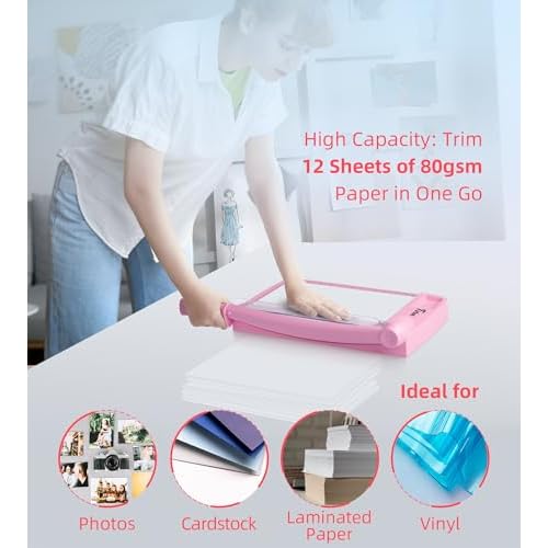 Firbon 12" Guillotine Paper Cutter, Heavy Duty 12-Sheet Capacity Trimmer for Cardstock, Photos, Scrapbooking, Office, Classroom, Studio (Pink)