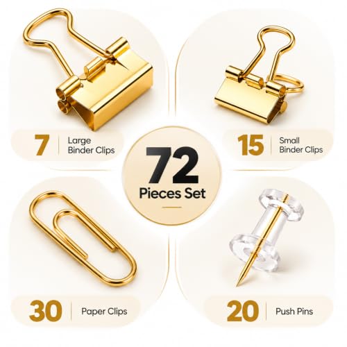 Gold Paper Clips Binder Clips & Push Pin Set - 72pc (1 Pack) CREECHWA
