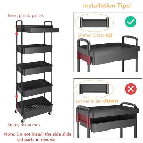 Calmootey 5-Tier Rolling Utility Cart with Drawer,Multifunctional Storage Organizer with Plastic Shelf & Metal Wheels,Storage Cart for Kitchen,Bathroom,Living Room,Office,Black
