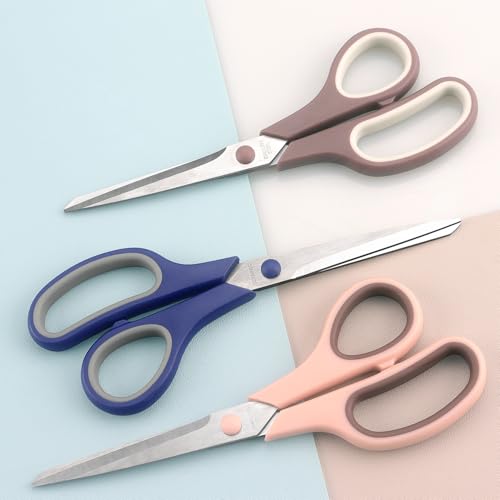 LONGKEY 8.5-Inch Pastel Scissors 3-Pack - Navy Blue, Pink, Brown, Ultra Sharp Stainless Steel