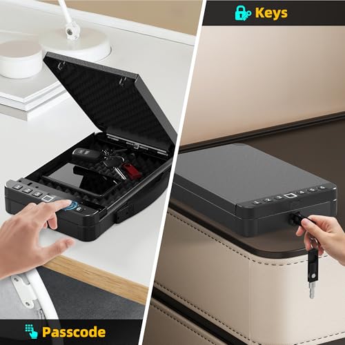 Portable Safe Box,Biometric Gun Safe for Handgun,Fingerprint Cabinet Boxes with Keys and Password to Quick Unlock,Safe Case for Guns Nightstand Travel Carry-on