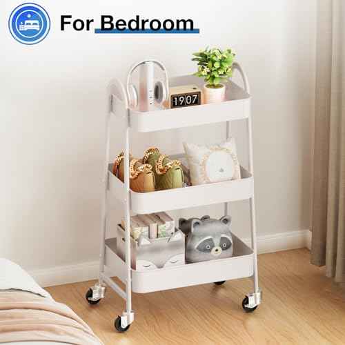 OLIXIS 3 Tier Utility Rolling Cart with Lockable Caster Wheels, Metal Mobile Storage Shelf, Organization for Livingroom, Bathroom, Kitchen, & Narrow Places, Cream White