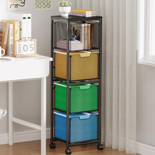 4 Drawers File Cabinet, Vertical Filing Cabinets, Rolling File Cart, Hanging File Folder Organizer with Wheels, Mobile Printer Stand Utility Craft Cart for Home Office,Black