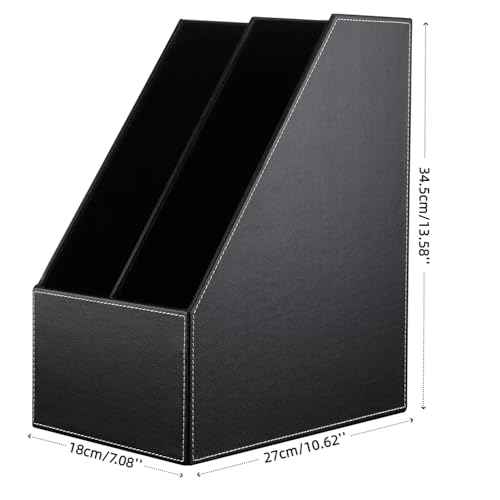 KINGFOM Wooden Leatherette Desktop File Folder Organizer and Document File Stand Journals Magazine Rack 2 Slots (black)
