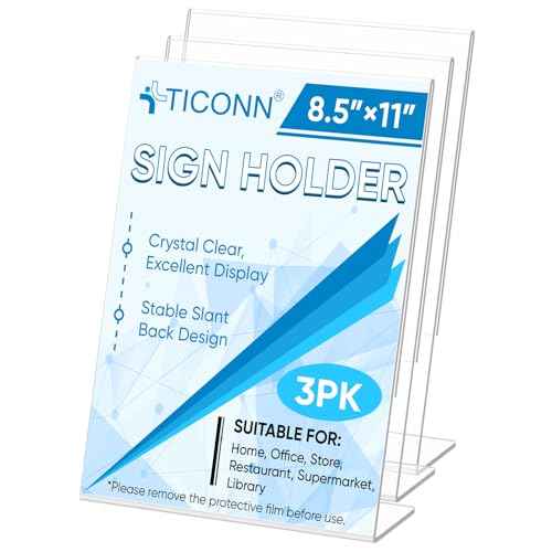 TICONN 8.5 x 11 Acrylic Sign Holder, L Shape Clear Sign Stand for Displaying, Plastic Paper Holder for Office, Store, Restaurant (Vertical 3 Pack)
