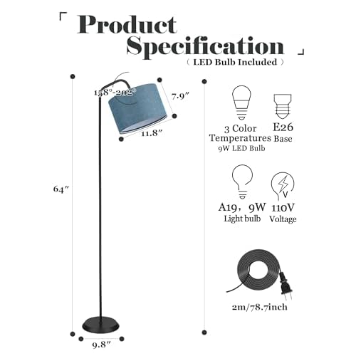 ELYONA LED Floor Lamp with 3 Color Temperatures, Modern Reading Standing lamp with Blue Linen Adjustable Hanging lampshade, Tall Pole Metal Lamp with 9W Bulb for Bedroom, Living Room, Office