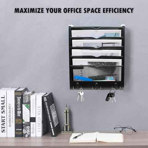 Multi-Purpose No-Assembly Hanging Wall File & Mail Organizer - 3 Pairs of Hooks, Fits Desk with Side Panel/Door-Mountable (Black)