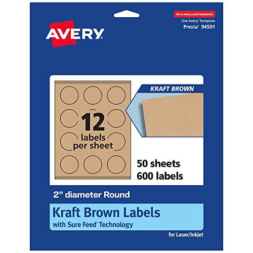 Avery Kraft Brown Round Labels with Sure Feed, 2" diameter, 600 Kraft Brown Labels, Print-to-The-Edge, Laser/Inkjet Printable Labels