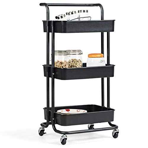 Giantex 3-Tier Utility Cart, Storage Rolling Cart with Casters, Multifunctional Organizer Cart with Top Handle, ABS Mesh Baskets, Storage Trolley with Brakes for Home and Office 16.5"x14"x34"(Black)