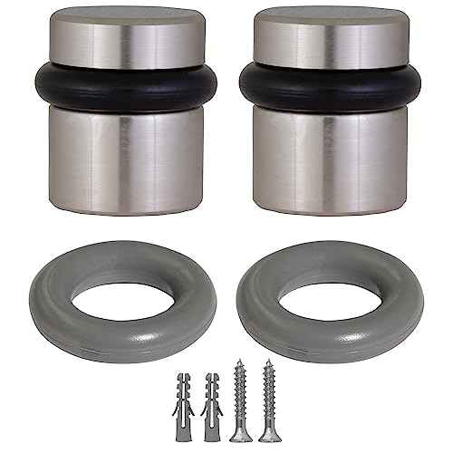 2-Pack Modern Cylindrical Floor Mounted Door Stops with Rubber Bumper, Satin Nickel, Heavy Duty Brass Construction ? Design House, 189332-SN