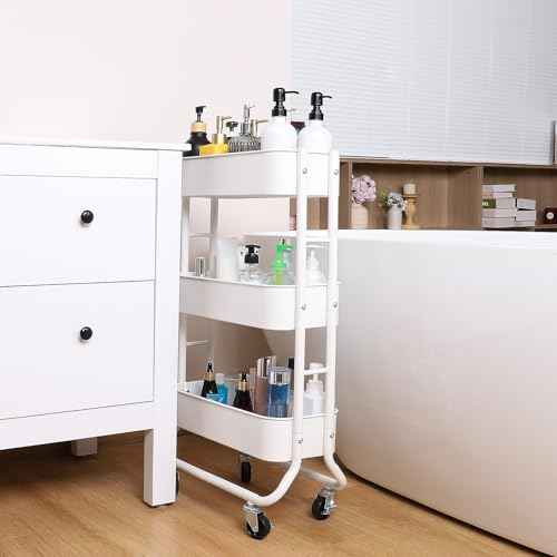 MAX Houser Slim 3-Tier Rolling Utility Cart, Narrow Metal Bathroom Storage Multifunctional Organizer Carts with Wheels with Extra Hook, Laundry Room,Kitchen,Small Space(White)