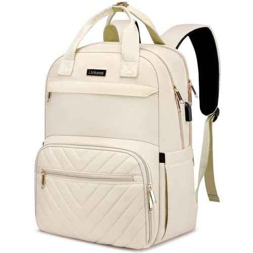Lunch Backpack for Women, Water Resistant Insulated Cooler Lunch Bag, 15.6 inch Laptop Backpacks with USB Port, Picnic Backpack with Lunch Box, for College Work Camping Beaches, Beige