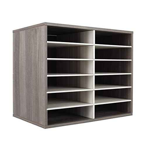 TQVAI Literature Organizer, Heavy Duty 12 Compartments Countertop Mail Organizer with Adjustable Shelves, Wooden Desk Paper Storage Organizer, Mailboxes Cubbies for Office, Classroom, Retro Grey/White