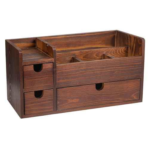 Rustic Brown Wooden Desktop Organizer Drawers Removable Office Supplies Torched Wood Storage Cabinet Caddy Box Stationery Pencil Slots Mail Holder Notes Accessories Home Makeup Tools Cosmetics