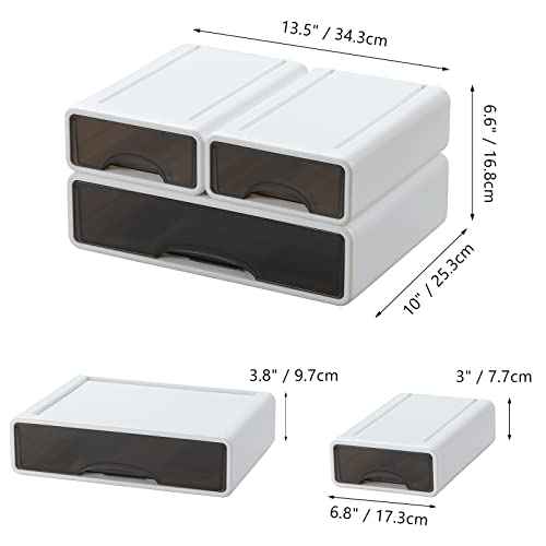White Desktop Drawers for Paper, Stackable Office Storage Drawers for Desk, Craft Organizer and Storage Bins, 3 Mixed Storage Container with Plastic Drawers for Office Supplies