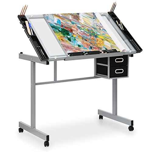 MoNiBloom Drafting Table on Wheels with Storage & Side Tray - Adjustable 0-65¡Æ Glass Tabletop, Replaceable Feet Art Desk
