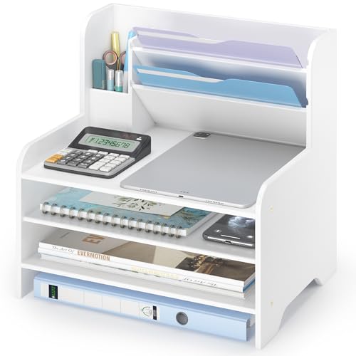 Desk File Organizer - 6-Tier Desktop Mail Letter Tray Paper Document Organizer with Pen Holder for Home Office Supplies, Office Desk Accessories & Workspace (White)