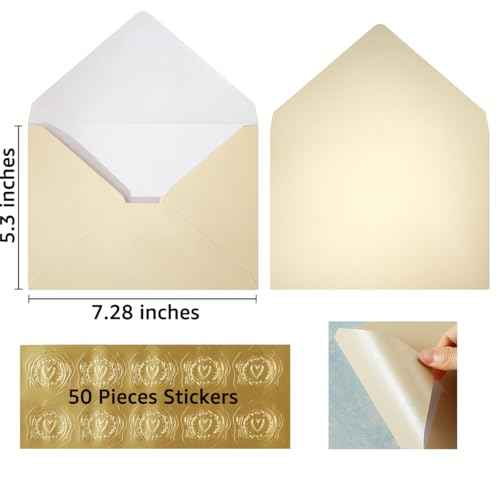 50 Pieces Shiny Envelopes with Gold Stickers for Wedding Invitation Cards, Graduation, Baby Shower, Greeting Cards (Cream Color, A7, 5x7)