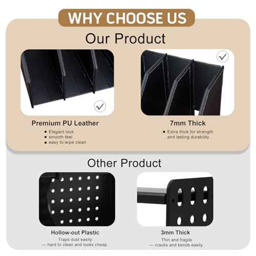 GORESE Collapsible Magazine File Holder, PU Leather Vertical File Folder Organizer for Desk with 4 Compartments, Magazine Holder Binder Storage Clipboard Rack File Sorter for Office Home School, Black