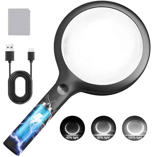 30X Charge Magnifier with Light, NUEYiO 4.33Inch Large Handheld Magnifying Glass with Light, 20 Daylight LEDs & Third Gear Dimming Lighted Magnifying Glass for Seniors Reading Inspection Coin Jewelry