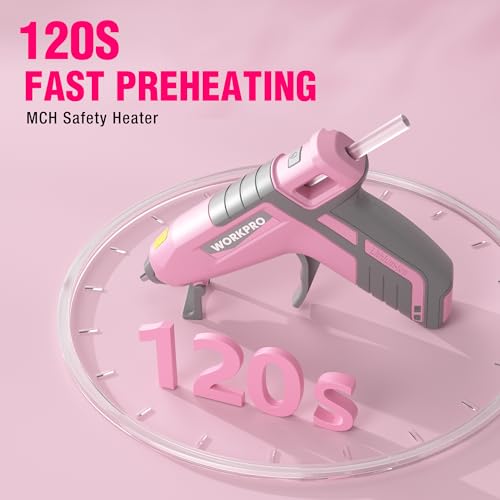 WORKPRO Pink 3.6V Cordless Hot Glue Gun + 20 Pcs Mini Glue Sticks (USB-C) Pink
