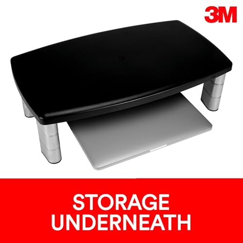 3M Extra Wide Adjustable Monitor Stand, Three Leg Segments Simply Adjust Height from 1" to 5 7/8", Sturdy Platform Holds Up to 40 lbs, 16-inch Space Between Columns for Storage, Silver/Black (MS90B)